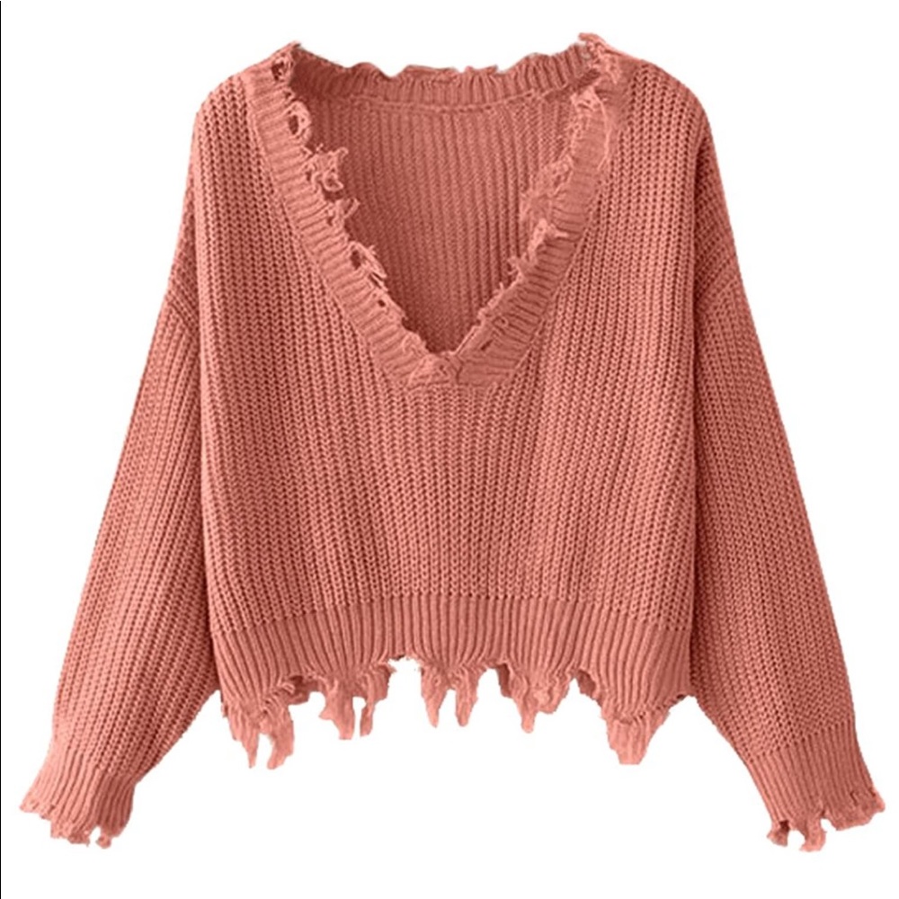 ZAFUL Loose V-Neck Ripped Knit Sweater Crop Top